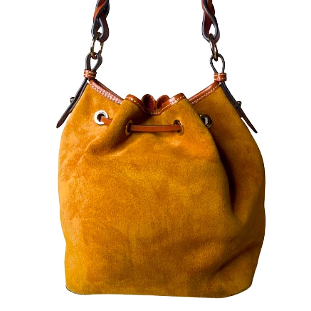 DOONEY BOURKE Honey Suede Bucket Bag w/ Brown Leather Drawstring Tassel Pull - Picture 3 of 17